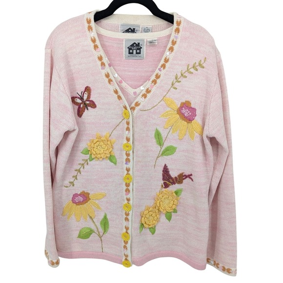 Storybook Knits Sweaters - Storybook Knits Embroidered Cardigan Set Womens Medium Pink Butterfly Flower